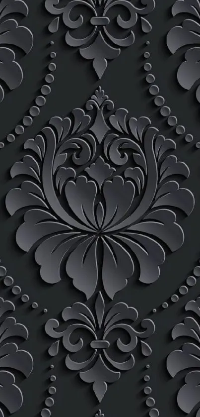 Elegant black floral wallpaper with 3D ornate patterns for phone.