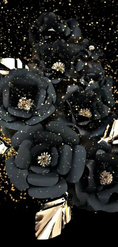 Elegant black floral wallpaper with gold accents.