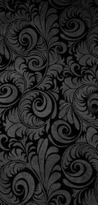 Elegant dark floral pattern wallpaper with intricate swirls and leaves.