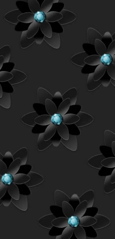 Sleek black floral wallpaper with blue gem accents.