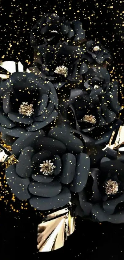 Elegant black floral wallpaper with gold accents.