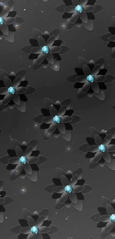 Black floral wallpaper with blue gems.