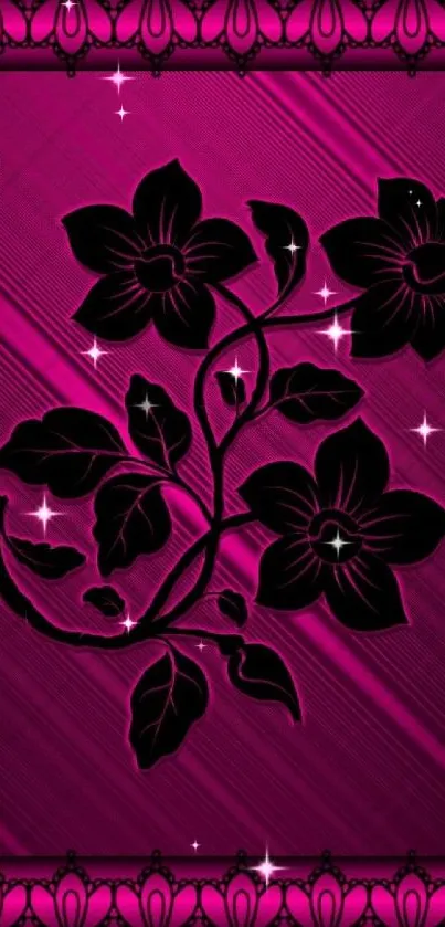 Black floral design on vibrant magenta background.