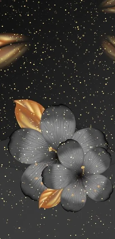 Elegant black floral wallpaper with gold accents on a dark background.