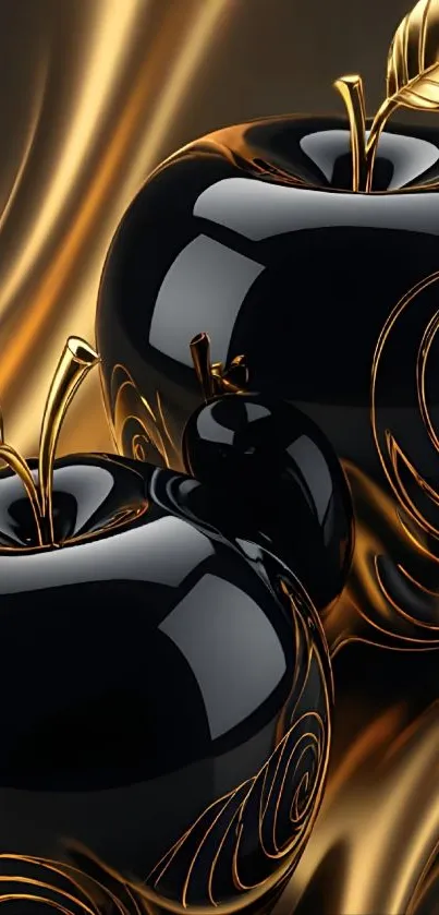 Elegant black apples with gold accents and shiny leaves wallpaper.