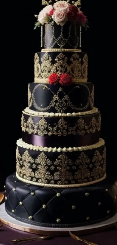 Luxurious black and gold tiered cake with floral top.