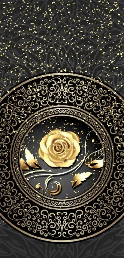 Black and gold wallpaper with elegant rose design.