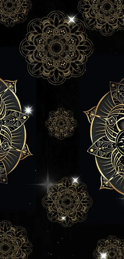 Elegant black and gold mandala wallpaper with intricate design.