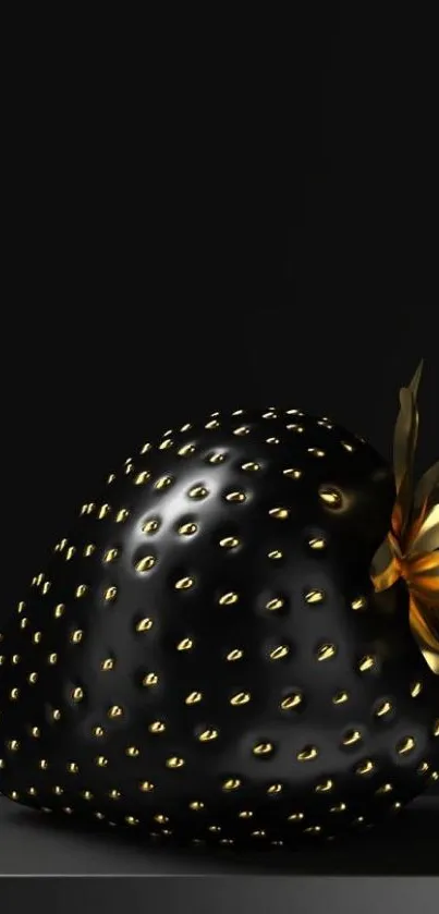 Luxurious black strawberry with golden accents as mobile wallpaper.