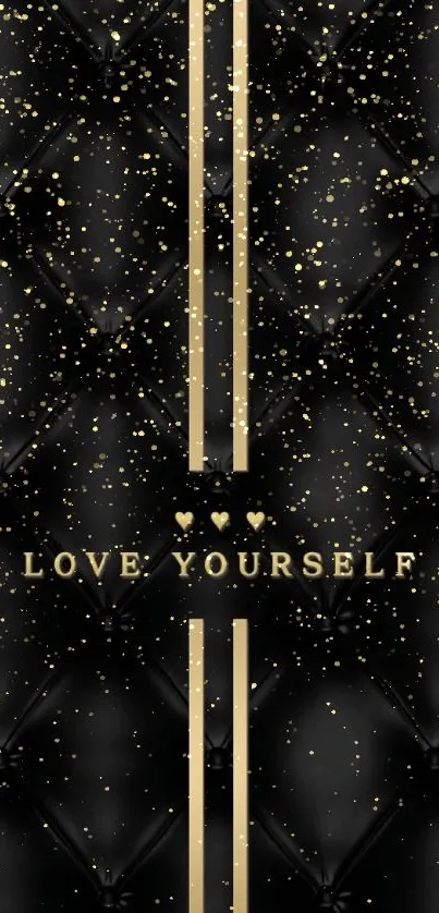 Elegant black and gold tufted wallpaper with Love Yourself message.