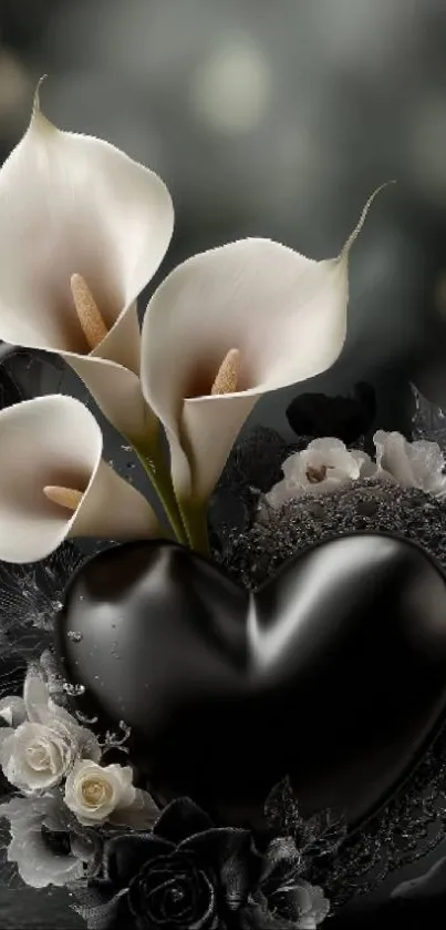 Black heart with white lilies mobile wallpaper.