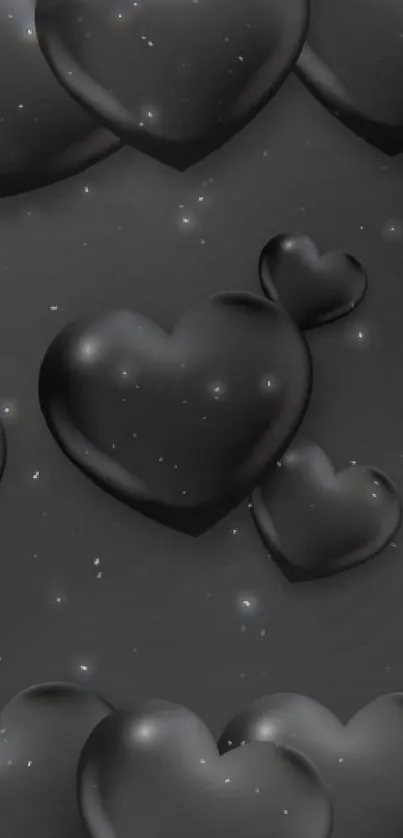 Elegant black mobile wallpaper with 3D heart shapes on a dark background.