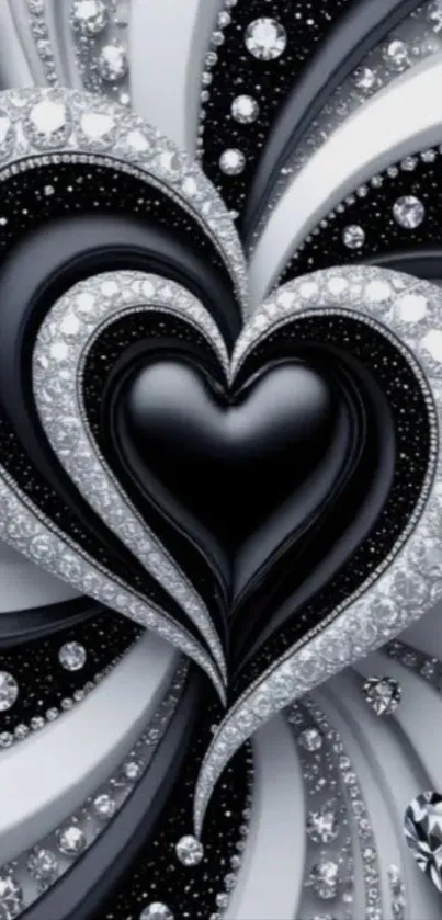 Elegant black heart wallpaper with diamonds.