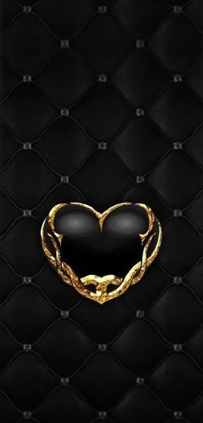 Black quilted wallpaper with golden heart accent.