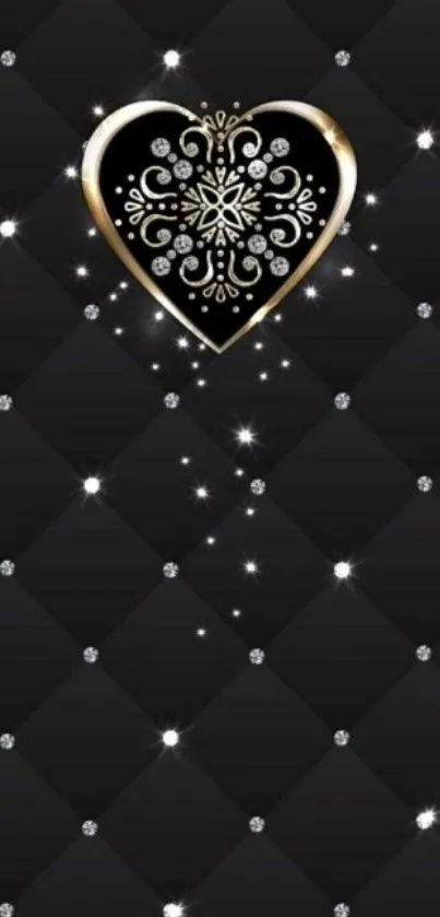 Elegant black heart wallpaper with golden and diamond accents.