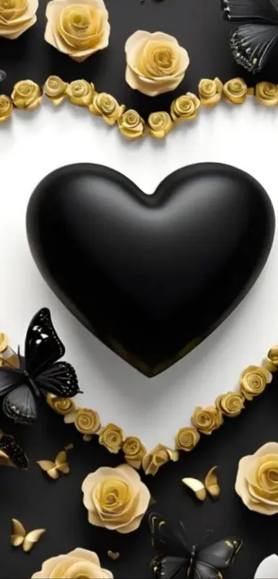 Black heart with golden roses and butterflies design.