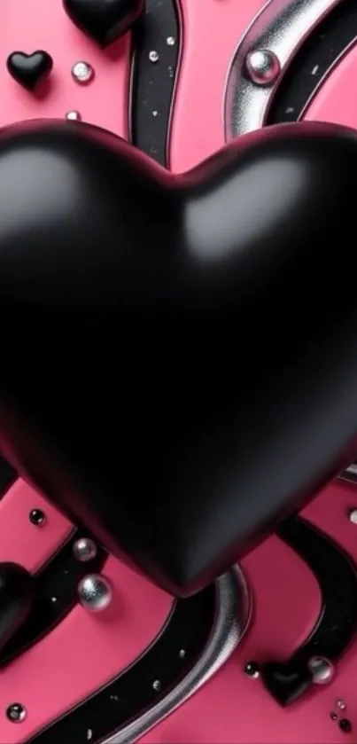 Elegant black heart on pink background wallpaper with metallic accents.