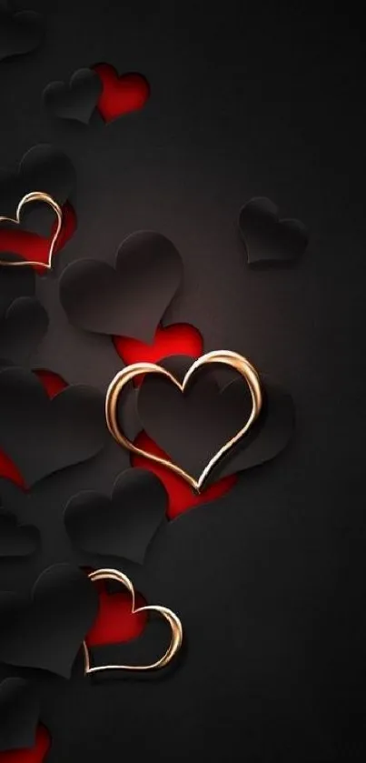 Elegant black hearts with red and gold on a dark background.