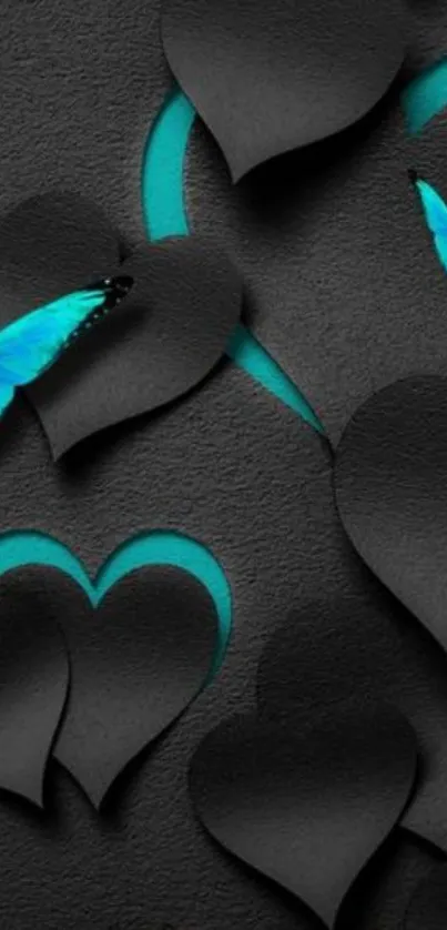 Black heart wallpaper with blue butterflies.