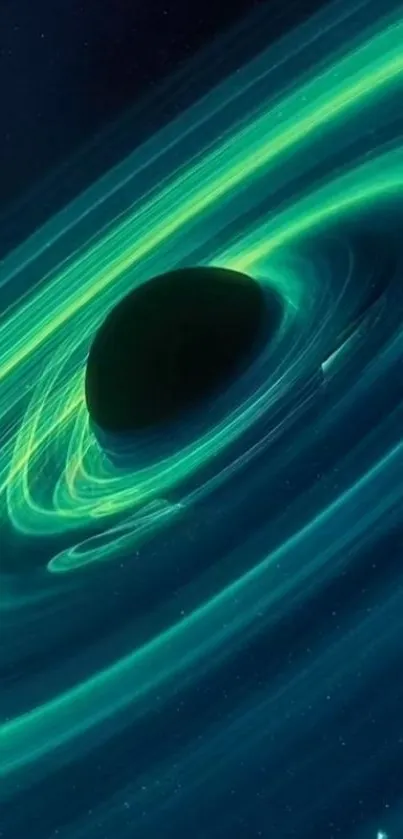 Neon green and blue black hole wallpaper on mobile screen.