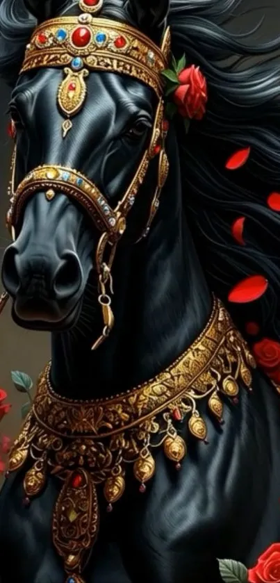 Majestic black horse with gold jewelry and red roses in digital art.