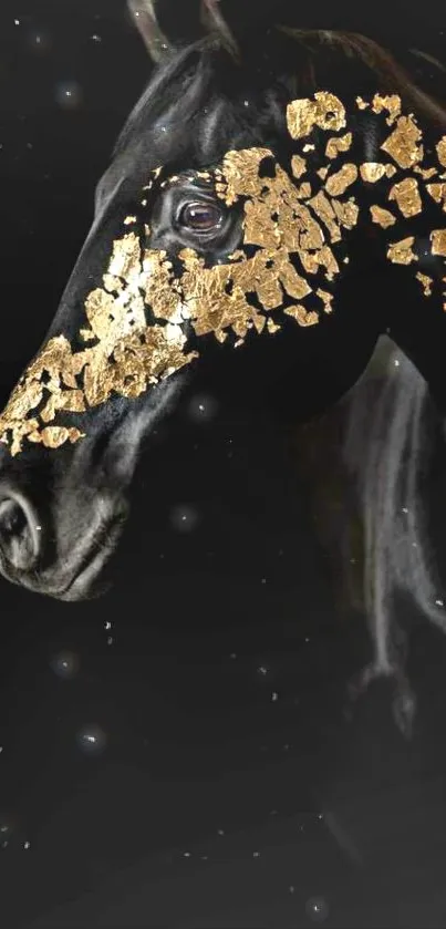 Artistic black horse with gold accents on a dark background.