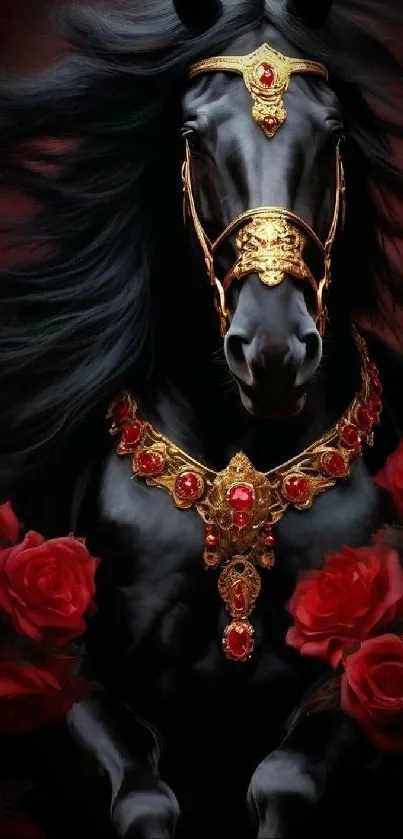 Majestic black horse with gold jewelry surrounded by red roses.