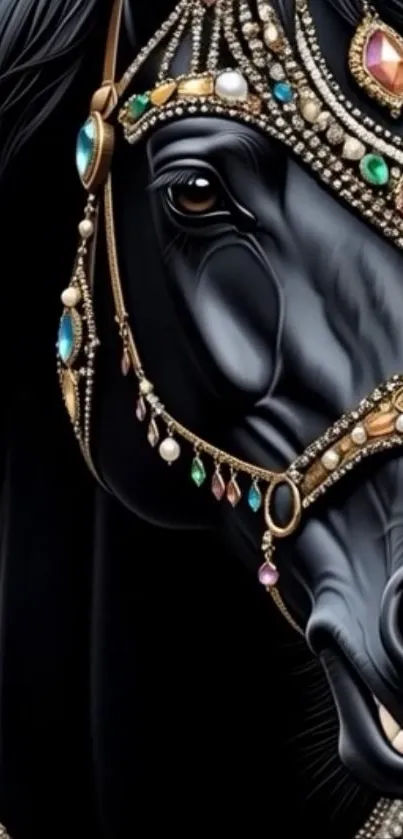 Elegant black horse with jeweled harness.