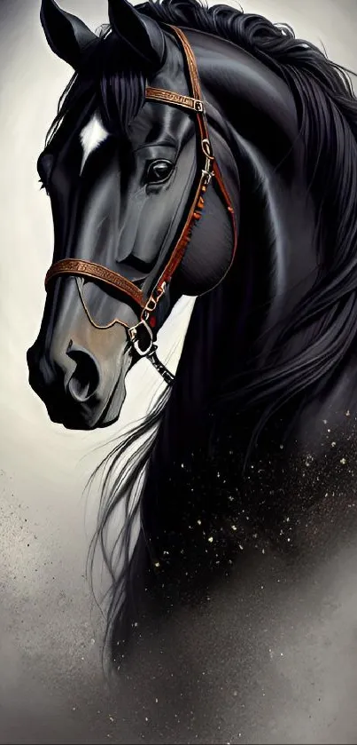 Illustration of a majestic black horse with detailed mane and bridle.