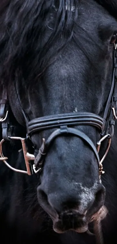 Elegant close-up portrait of a black horse with a harness.