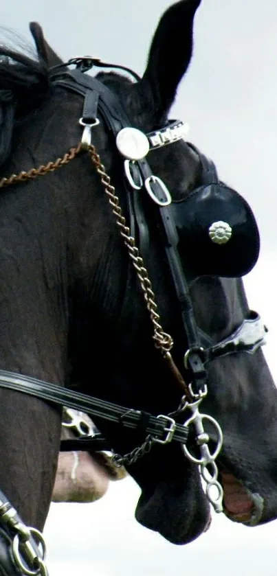 Close-up of a black horse in leather gear, side view.