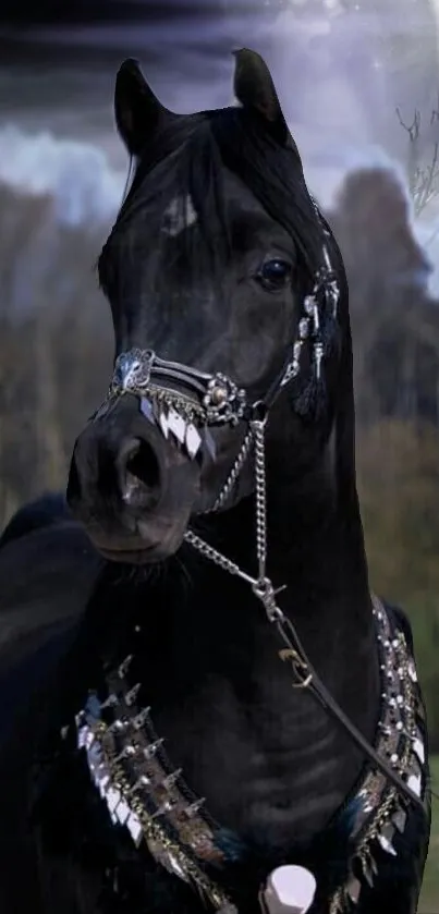 Majestic black horse under a moonlit sky.