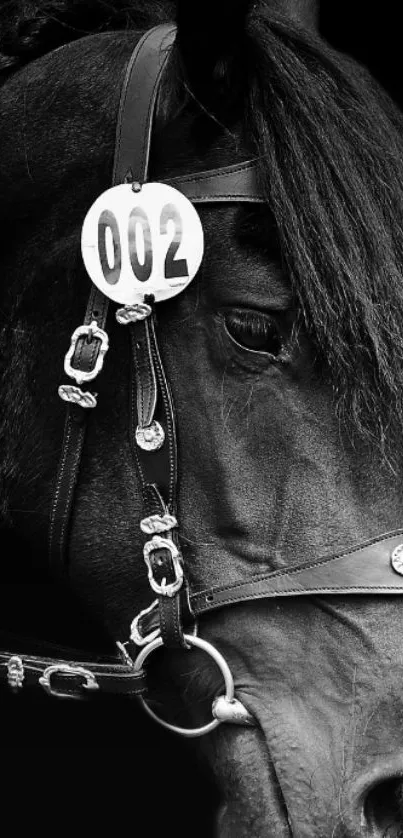 Elegant black horse portrait with leather bridle, perfect for phone wallpaper.