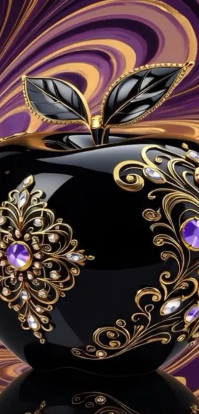 Luxurious black apple with purple jewels on vibrant backdrop