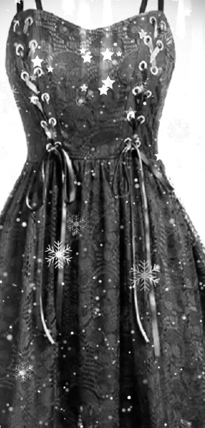 Elegant black lace dress with shimmering stars and snowflakes.