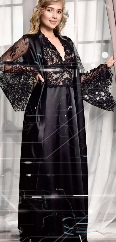 Elegant woman in black lace gown standing by curtains.