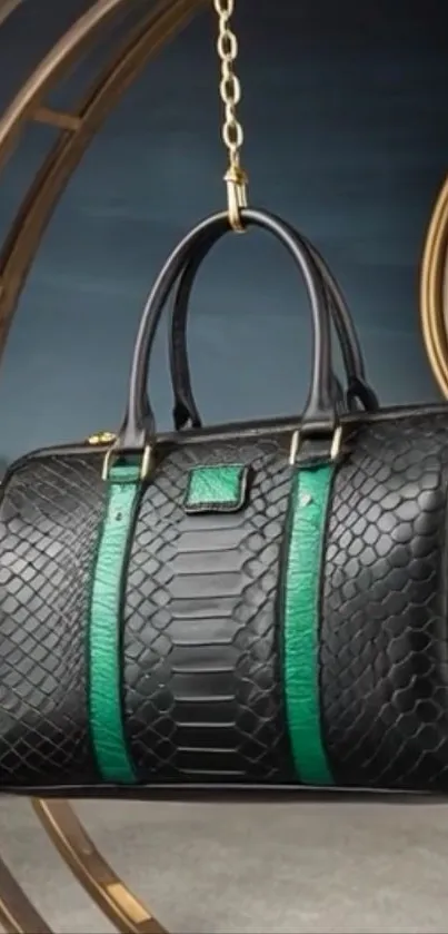 Elegant black leather handbag with green accents on display.
