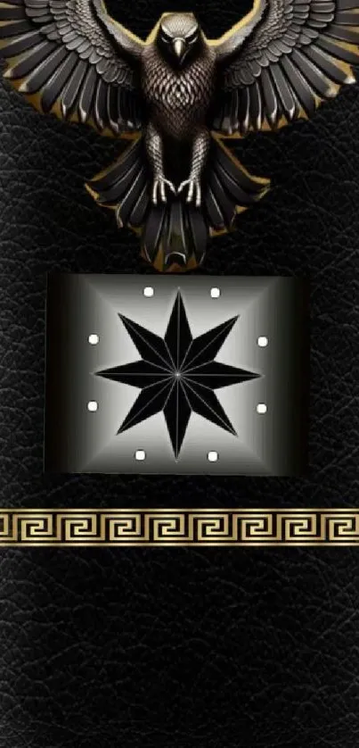 Elegant black leather wallpaper with eagle and geometric design.