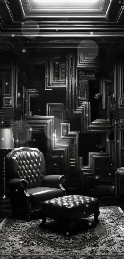 Luxurious black library with books and elegant furnishings.