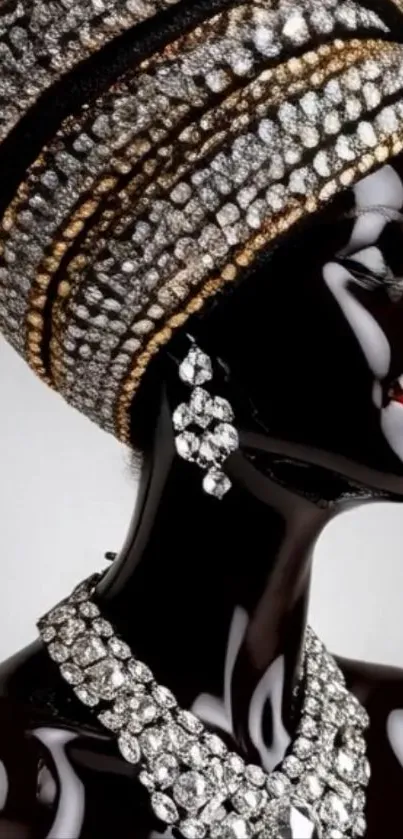 Mannequin with jeweled headdress and jewelry.