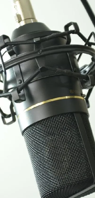 Elegant black microphone against a soft white background in a studio setup.
