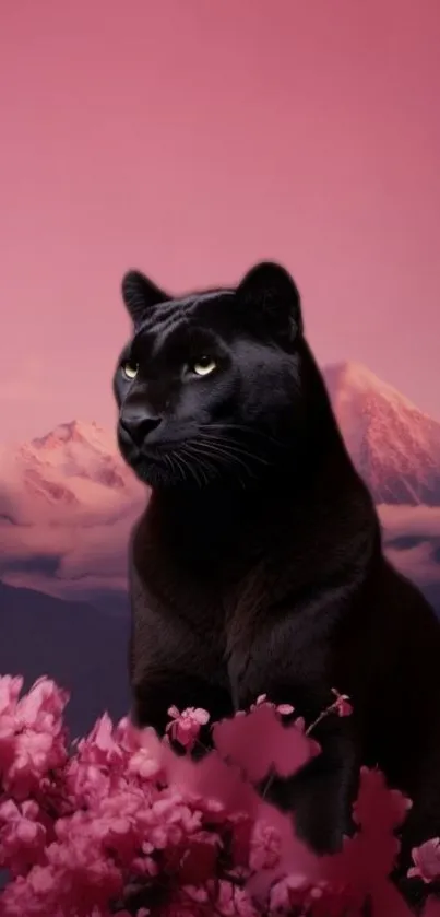 Black panther with pink mountains and blossom floral foreground.