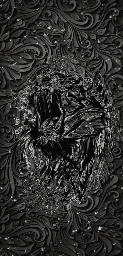 Elegant black wallpaper with swirling patterns and a central gemstone design.