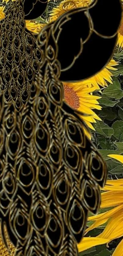 Elegant black peacock on vibrant sunflower field wallpaper.