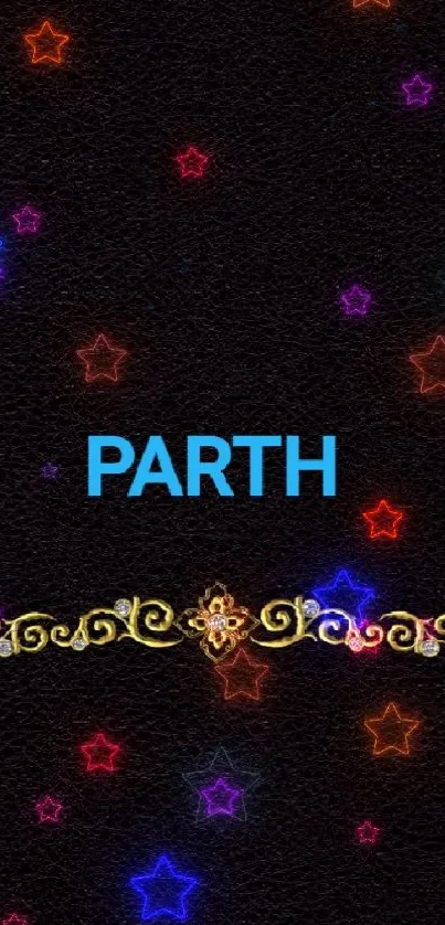 Black wallpaper with gold design and blue text 'Parth'.