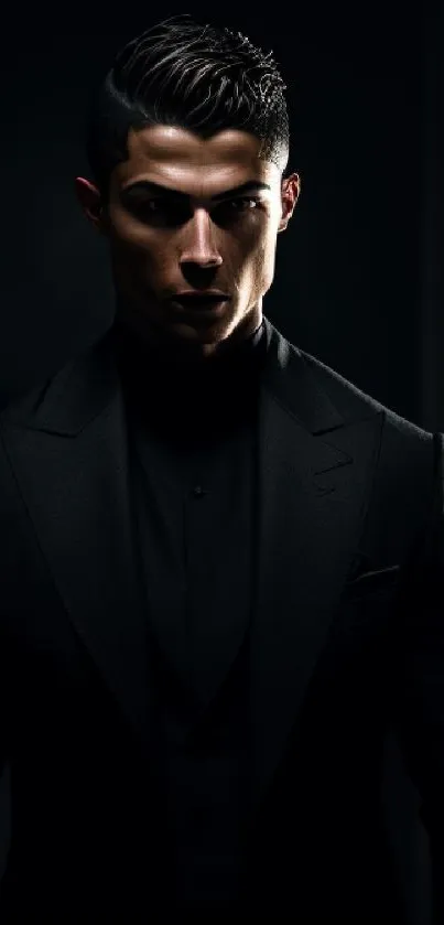 Mysterious figure in a black suit against a dark background.