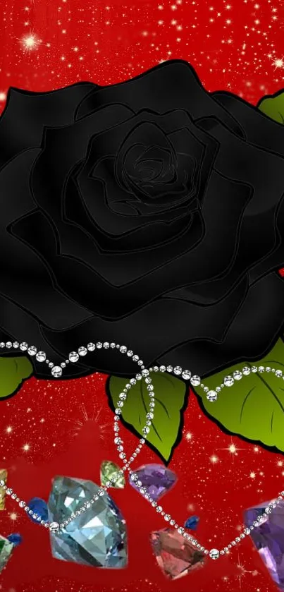 Elegant black rose on red with gems.