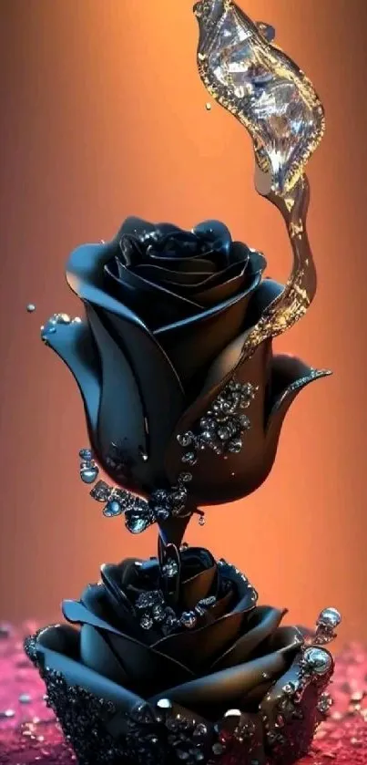 Elegant black rose with sparkling accents and gradient background.