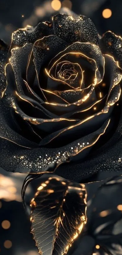 Black rose with gold shimmer on a mobile wallpaper.