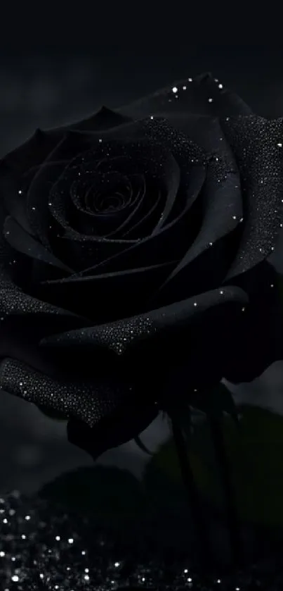 Elegant black rose with dewdrops in darkness.